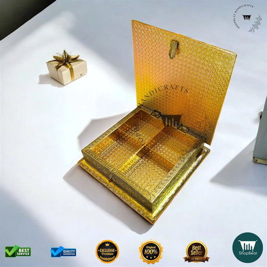 Golden Oxidised Dry Fruit Box – White Rexine Decorative (8x8 Inch)