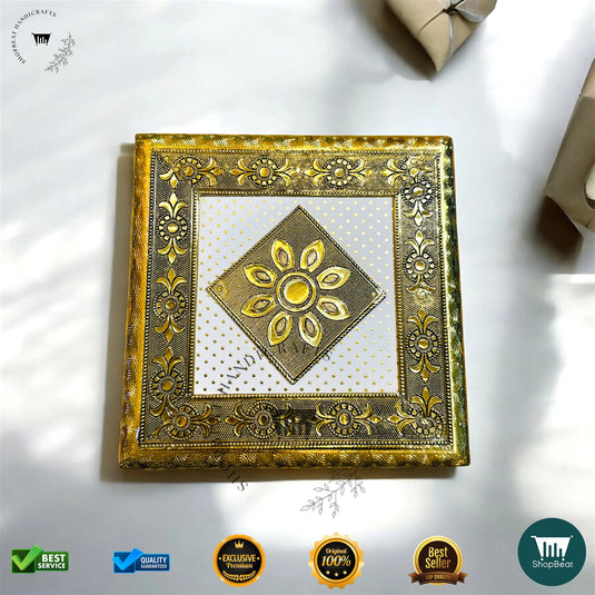 Golden Oxidised Dry Fruit Box – White Rexine Decorative (8x8 Inch)