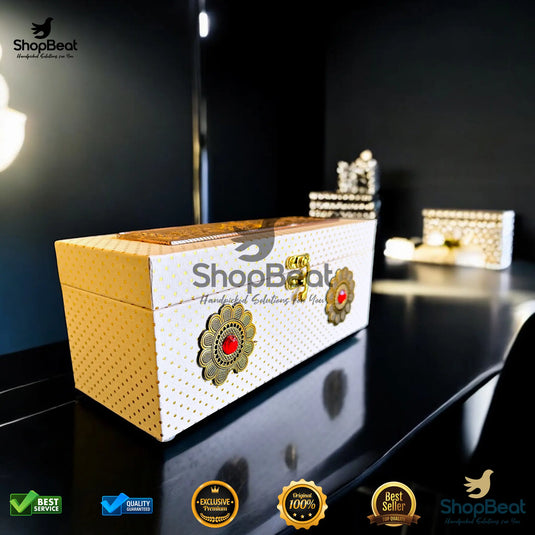 Premium Dry Fruit Box – White Decorative with 3 Glass Jars (10x4 Inch)