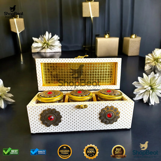Premium Dry Fruit Box – White Decorative with 3 Glass Jars (10x4 Inch)