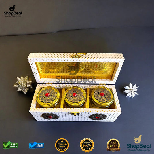 Premium Dry Fruit Box – White Decorative with 3 Glass Jars (10x4 Inch)