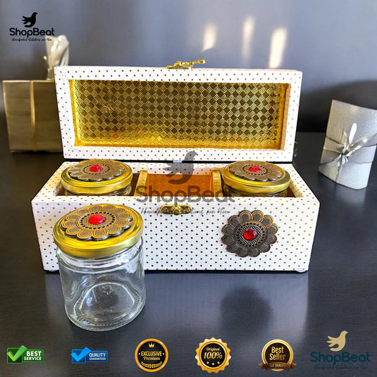 Premium Dry Fruit Box – White Decorative with 3 Glass Jars (10x4 Inch)