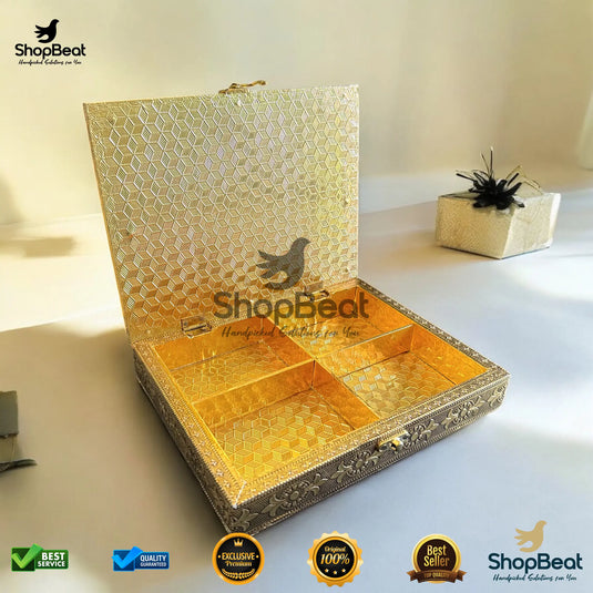 Golden Oxidised Dry Fruit Box – Shree Ram Design (9x7 Inch)