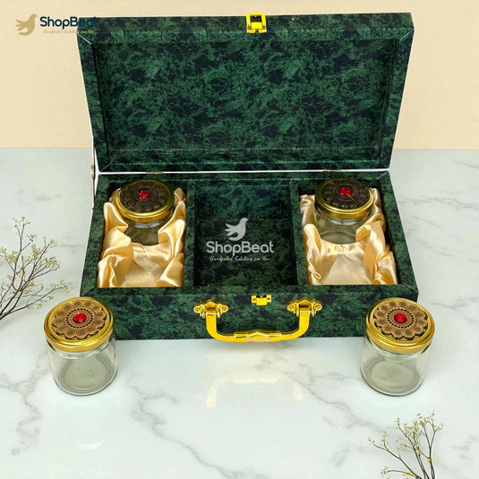 Premium Green Velvet Decorative Dryfruit Box With 4 Glass Jars