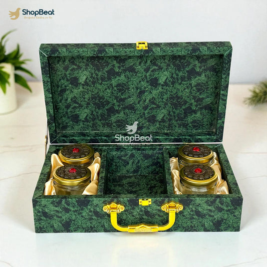 Premium Green Velvet Decorative Dryfruit Box With 4 Glass Jars