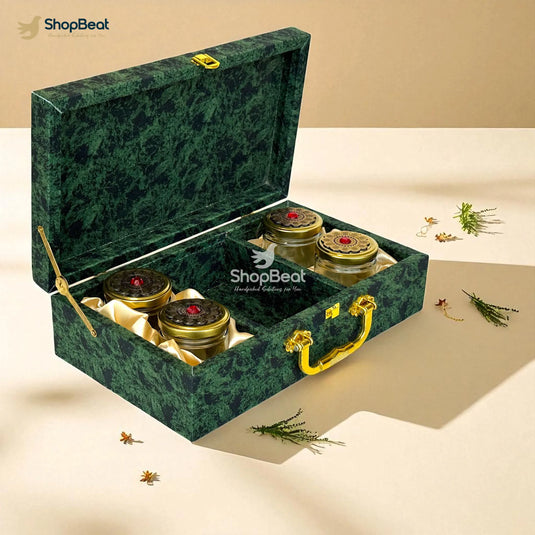 Premium Green Velvet Decorative Dryfruit Box With 4 Glass Jars