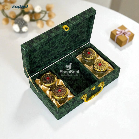 Premium Green Velvet Decorative Dryfruit Box With 4 Glass Jars