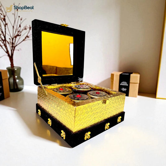 Premium Black Velvet Decorative Dryfruit Box With 4 Glass Jars