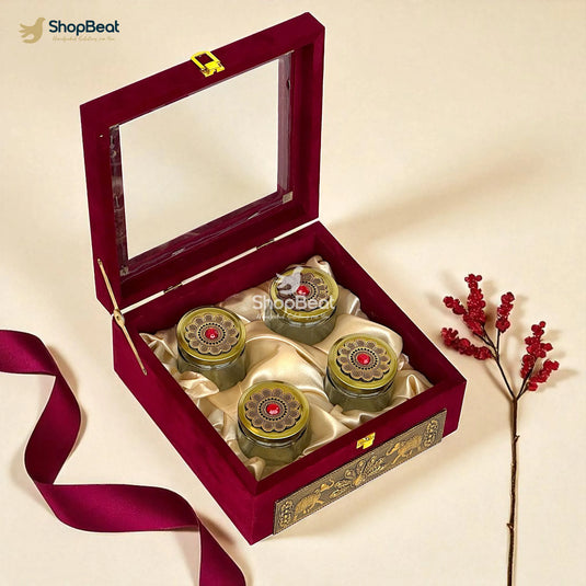 Premium Red Velvet Window Decorative Dryfruit Box With 4 Glass Jars