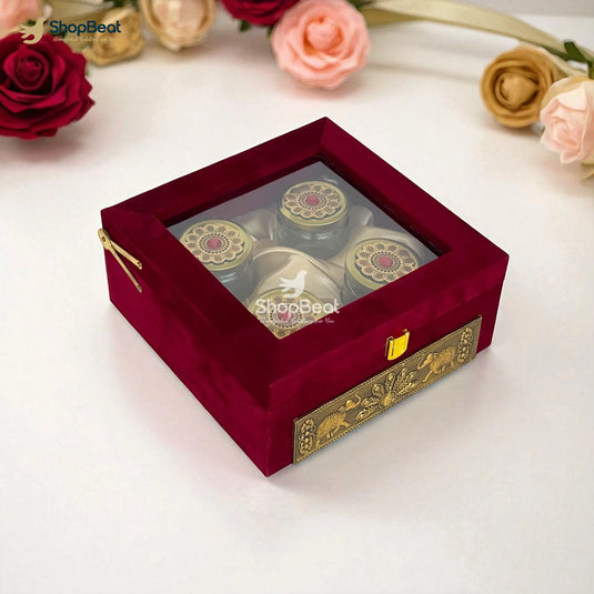 Premium Red Velvet Window Decorative Dryfruit Box With 4 Glass Jars