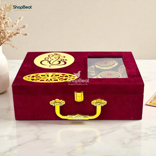 Premium Red Velvet Golden Ganesh Dryfruit Box With 2 Glass Jars – 12x8