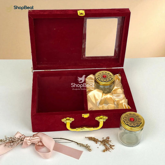 Premium Red Velvet Golden Ganesh Dryfruit Box With 2 Glass Jars – 12x8