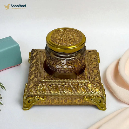 Golden Oxidised 1 Jar Dry Fruit Box with Decorative Tray