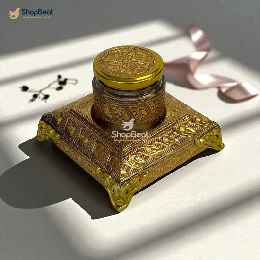 Golden Oxidised 1 Jar Dry Fruit Box with Decorative Tray