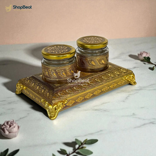 Golden Oxidised 2 Jar Dry Fruit Box with Decorative Tray