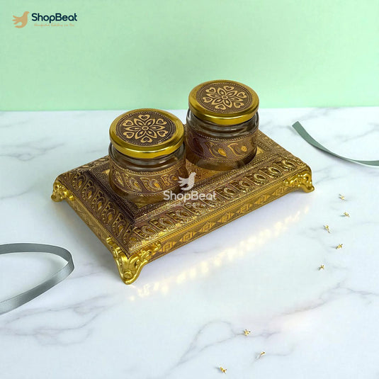 Golden Oxidised 2 Jar Dry Fruit Box with Decorative Tray
