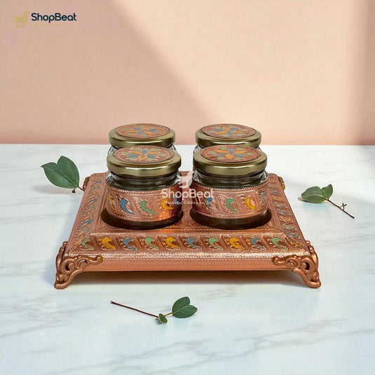 Copper Oxidised 4 Jar Dry Fruit Box with Decorative Tray