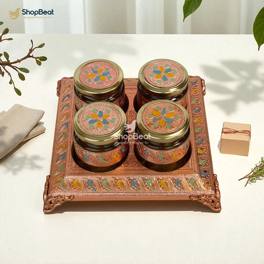 Copper Oxidised 4 Jar Dry Fruit Box with Decorative Tray