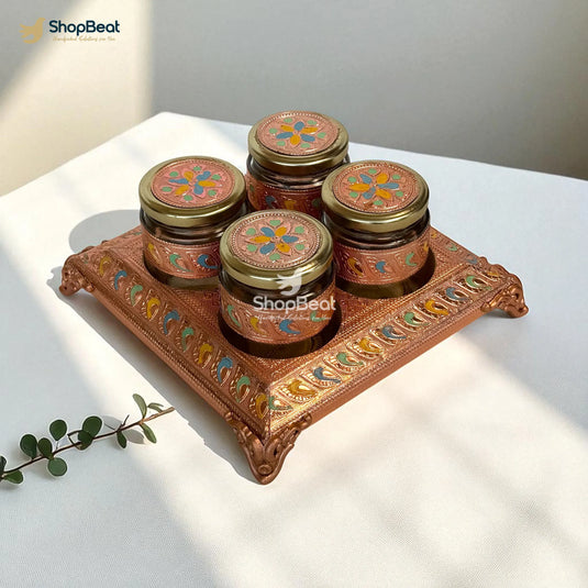 Copper Oxidised 4 Jar Dry Fruit Box with Decorative Tray