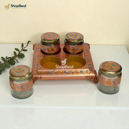 Copper Oxidised 4 Jar Dry Fruit Box with Decorative Tray