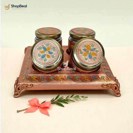 Copper Oxidised 4 Jar Dry Fruit Box with Decorative Tray