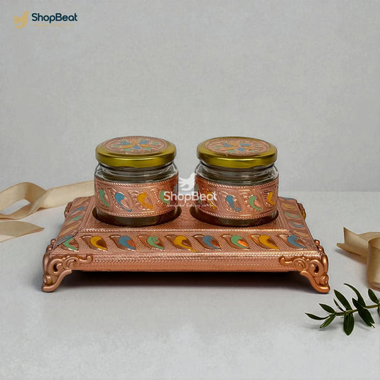 Copper Oxidised 2 Jar Dry Fruit Box with Decorative Tray
