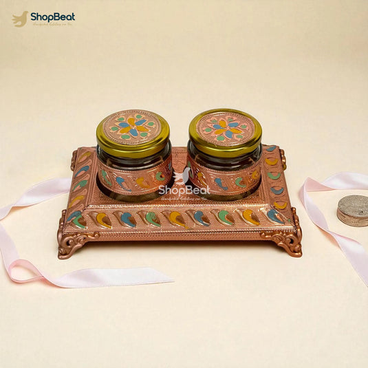 Copper Oxidised 2 Jar Dry Fruit Box with Decorative Tray