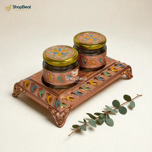 Copper Oxidised 2 Jar Dry Fruit Box with Decorative Tray