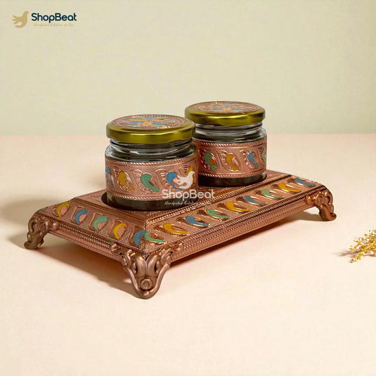 Copper Oxidised 2 Jar Dry Fruit Box with Decorative Tray