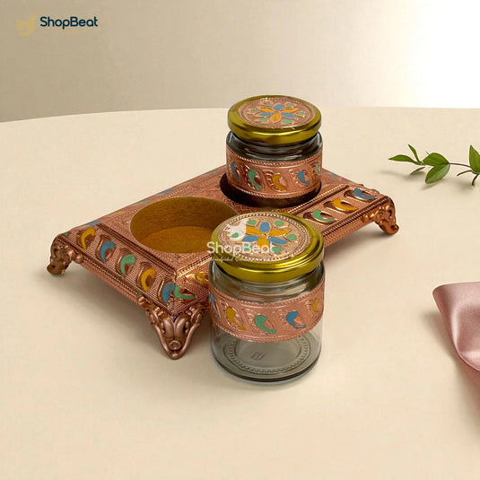 Copper Oxidised 2 Jar Dry Fruit Box with Decorative Tray