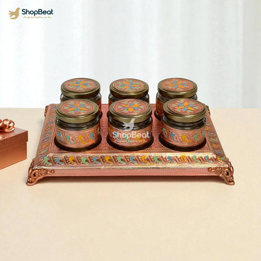 Copper Oxidised 6 Jar Dry Fruit Box with Decorative Tray