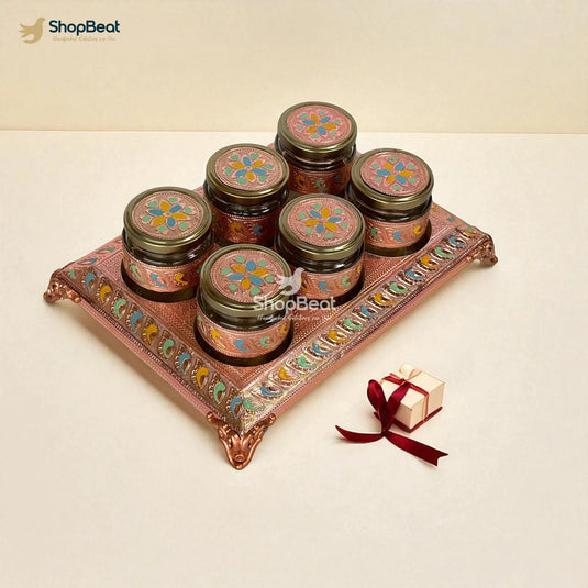 Copper Oxidised 6 Jar Dry Fruit Box with Decorative Tray