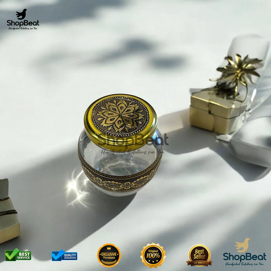 Golden Oxidised Handi Glass Jar – 350ml Traditional Gift Jar