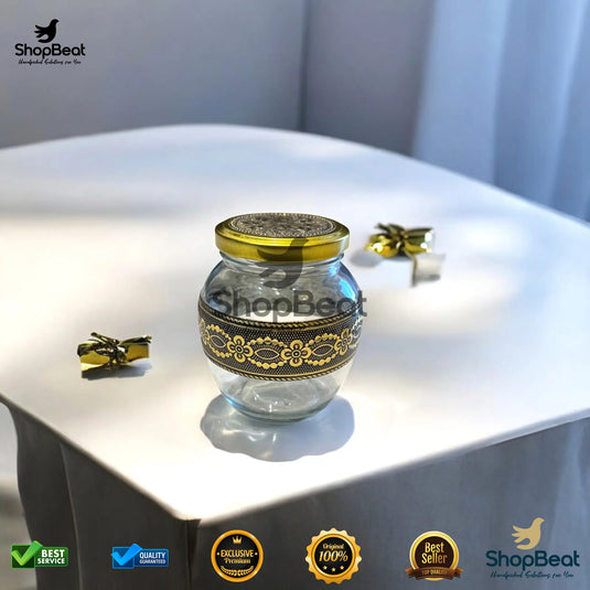 Golden Oxidised Handi Glass Jar – 350ml Traditional Gift Jar