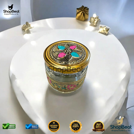 Golden Meenakari Round Glass Jar – Decorative Return Gift Jar