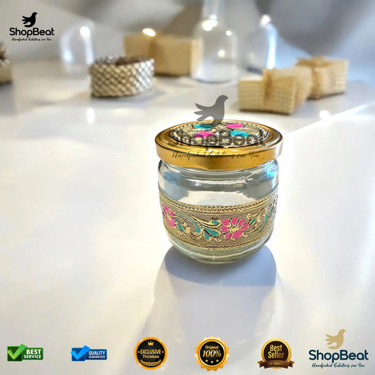 Golden Meenakari Round Glass Jar – Decorative Return Gift Jar