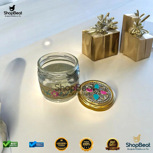Golden Meenakari Round Glass Jar – Decorative Return Gift Jar