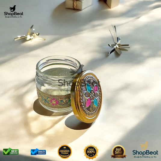 Golden Meenakari Round Glass Jar – Decorative Return Gift Jar