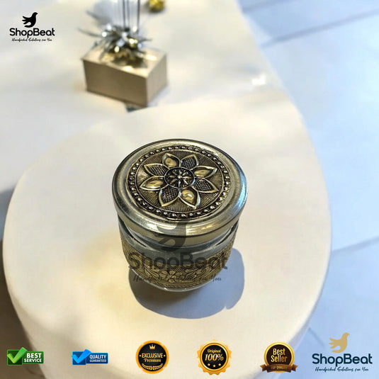 Golden Oxidised Glass Jar – 350ml Round Decorative Gifting Jar
