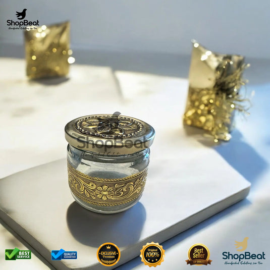 Golden Oxidised Glass Jar – 350ml Round Decorative Gifting Jar