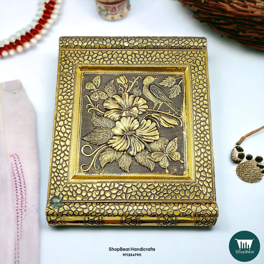 Golden Oxidised Velvet Jewellery Box – 2 Roll Wooden Organizer (11x9)