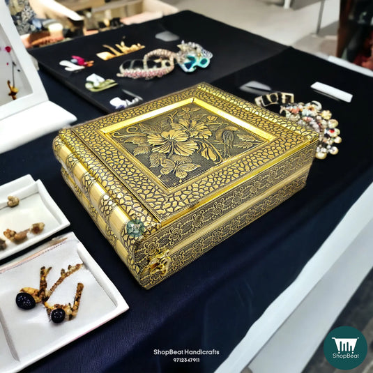 Golden Oxidised Velvet Jewellery Box – 2 Roll Wooden Organizer (11x9)