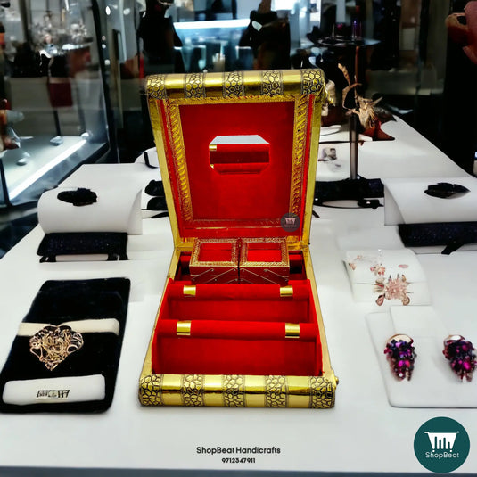 Golden Oxidised Velvet Jewellery Box – 2 Roll Wooden Organizer (11x9)