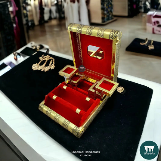 Golden Oxidised Velvet Jewellery Box – 2 Roll Wooden Organizer (11x9)