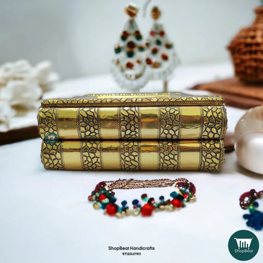 Golden Oxidised Velvet Jewellery Box – 2 Roll Wooden Organizer (11x9)