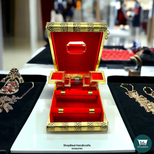 Golden Oxidised Elephant Velvet Jewellery Box – 2 Roll Wooden Organizer (11x9)