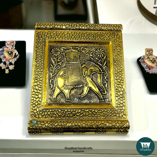 Golden Oxidised Elephant Velvet Jewellery Box – 2 Roll Wooden Organizer (11x9)