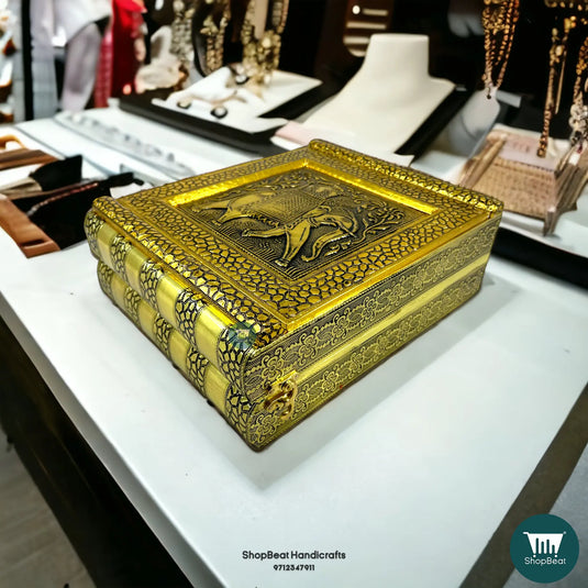 Golden Oxidised Elephant Velvet Jewellery Box – 2 Roll Wooden Organizer (11x9)