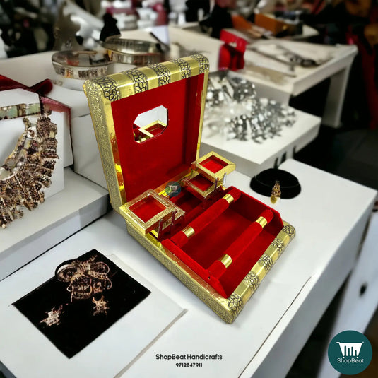Golden Oxidised Elephant Velvet Jewellery Box – 2 Roll Wooden Organizer (11x9)