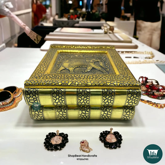 Golden Oxidised Elephant Velvet Jewellery Box – 2 Roll Wooden Organizer (11x9)